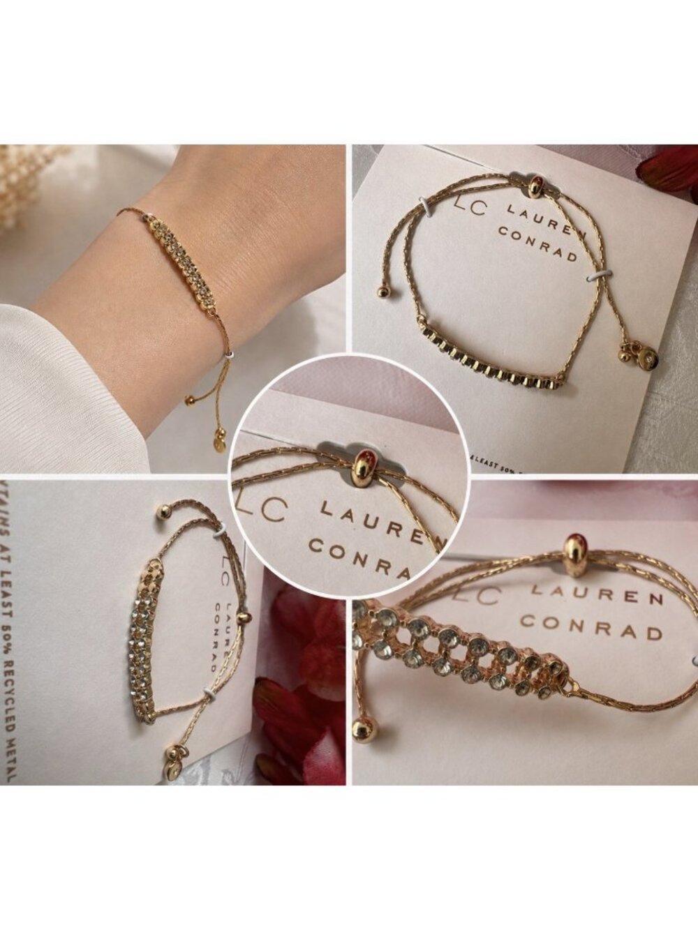 LC Lauren Conrad Dainty Goldtone Rhinestone Adjustable Slide Bracelet Bling NEW